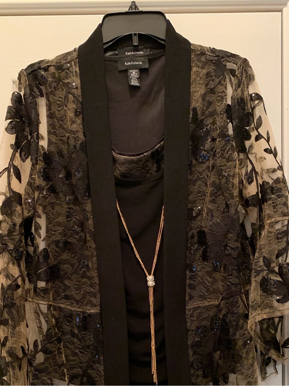 NWT R&M Richards Sheer BlackBrown Twinset Lace Jacket,  Tank with Gold necklace!